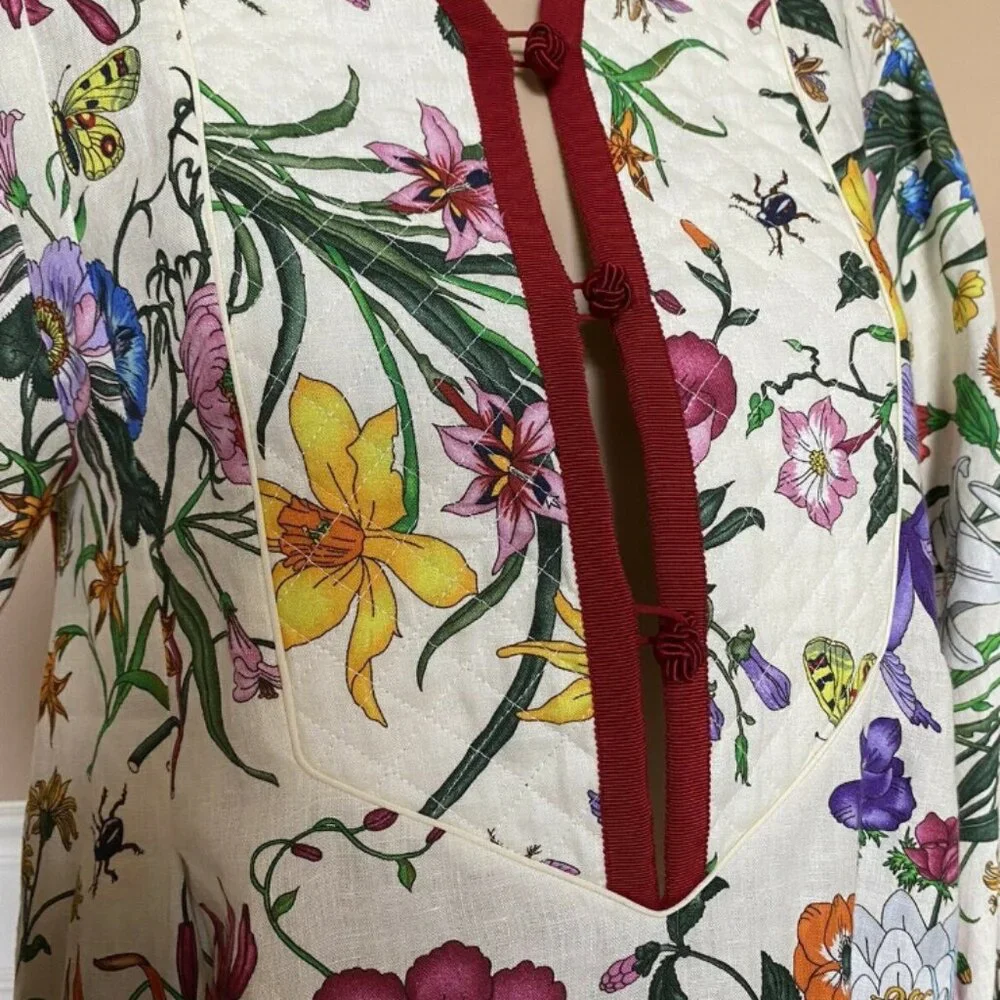 Authentic Gucci Ivory Grosgrain-trimmed paneled asymmetric floral Kaftan Dress